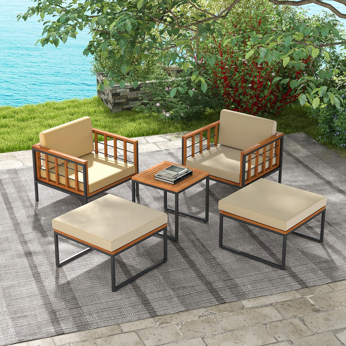 Tangkula 5 Pieces Acacia Wood Patio Furniture Set with Ottomans, Outdoor Conversation Set with Soft Cushions and Coffee Table for Poolside, Garden, Balcony and Backyard (Beige) Tangkula