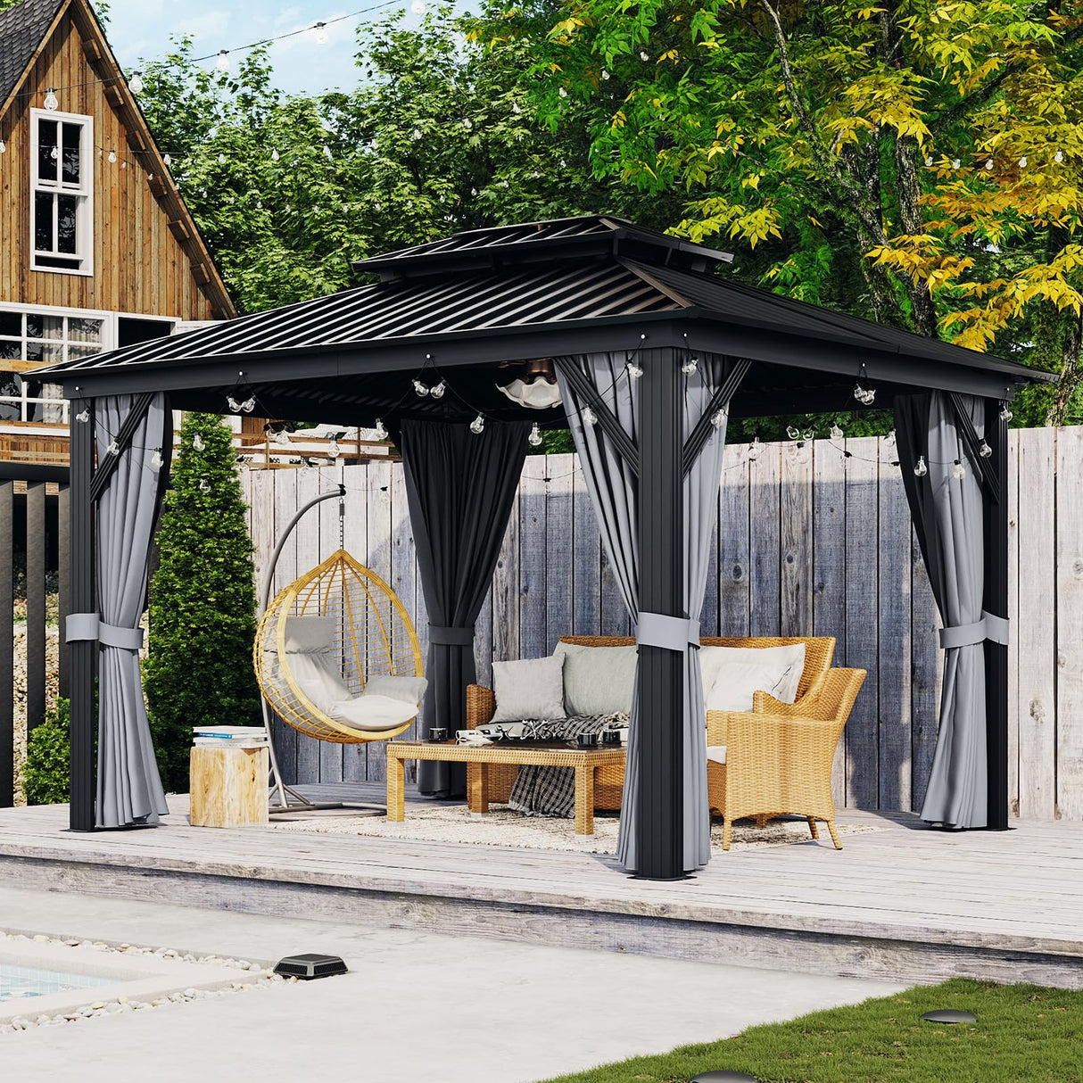 Aoxun 10'x12' Hardtop Gazebo, Aluminum Frame Canopy with Double Galvanized Steel Roof, Outdoor Metal Pavilion with Netting, Curtains for Backyard, Patio and Deck Aoxun