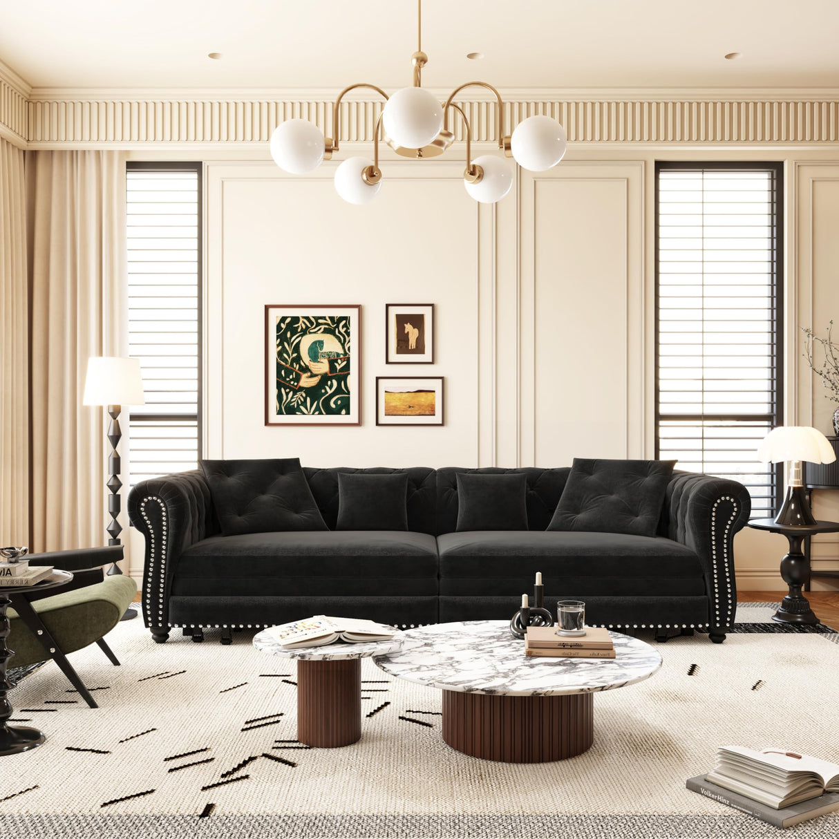 89" Velvet Convertible Sofa Bed Couch - Queen Sleeper Sofa with Ottoman, Button Tufted Chesterfield Sofa, King Size Pull Out Sleeper Couch Bed for Small Spaces Apartments, Living Room, Black Justdwells