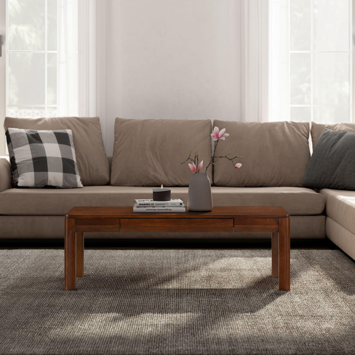 NTC Flow Modern Wooden Rectangle Coffee Table with Hidden Drawer – Waterproof & Heat Resistant, Dark Walnut NTC