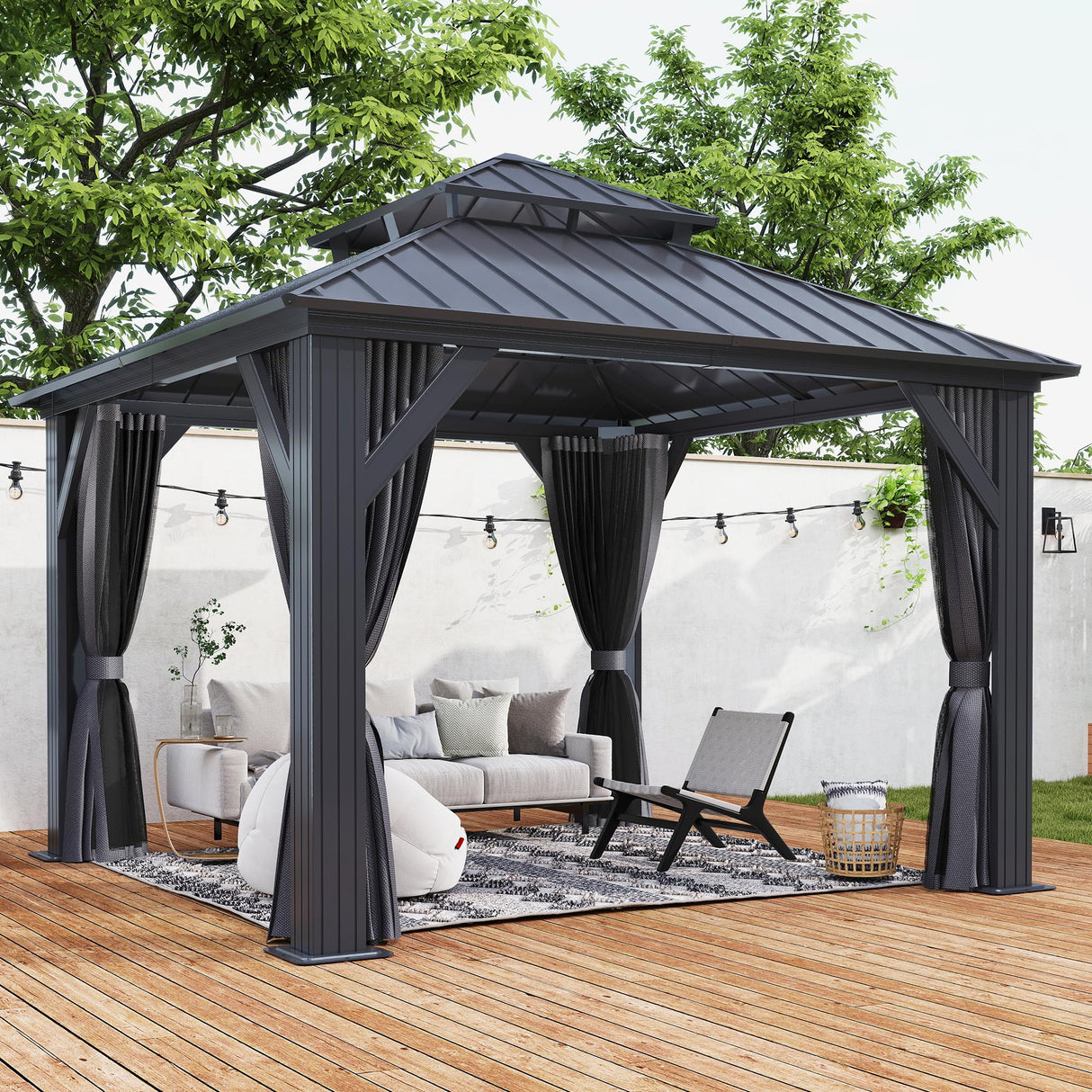 COVERONICS 10' x 10' Outdoor Galvanized Hardtop Gazebo - Aluminum Heavy-Duty Double Roof Vented Gazebo with Breathable Netting & Privacy Curtains for Patio, Porch, Garden, Lawn COVERONICS