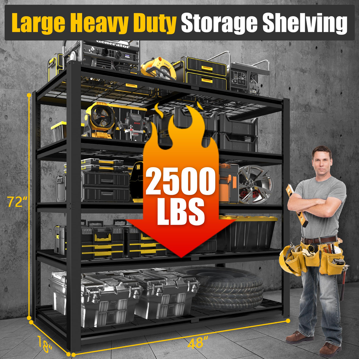 PrimeZone 47" W Heavy Duty Garage Shelving 47" W X 18" D X 72" H Adjustable Wire Storage Shelves Unit with Locking Connector, 5 Tier Metal Shelving Industrial Utility Rack for Warehouse, Basement PrimeZone