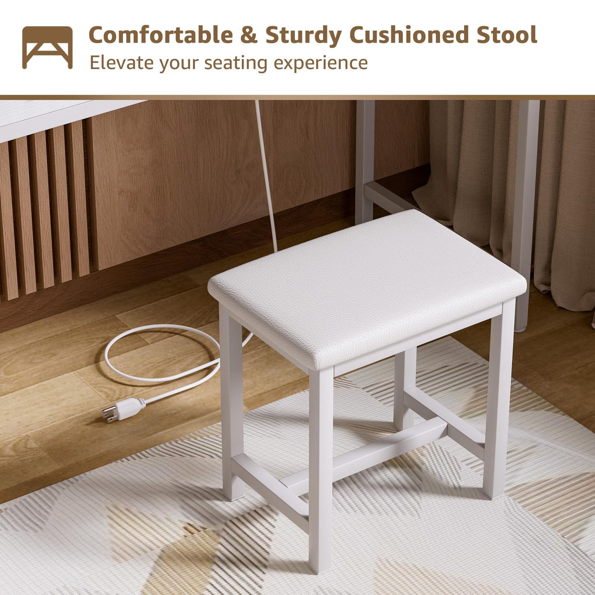 KAI-ROAD White Vanity Table with Lighted Mirror - 40“ Makeup Vanitys with Lights, Fabric Drawers & Power Outlet, Dressing Table Vanities Chair Set for Girls Bedroom KAI-ROAD