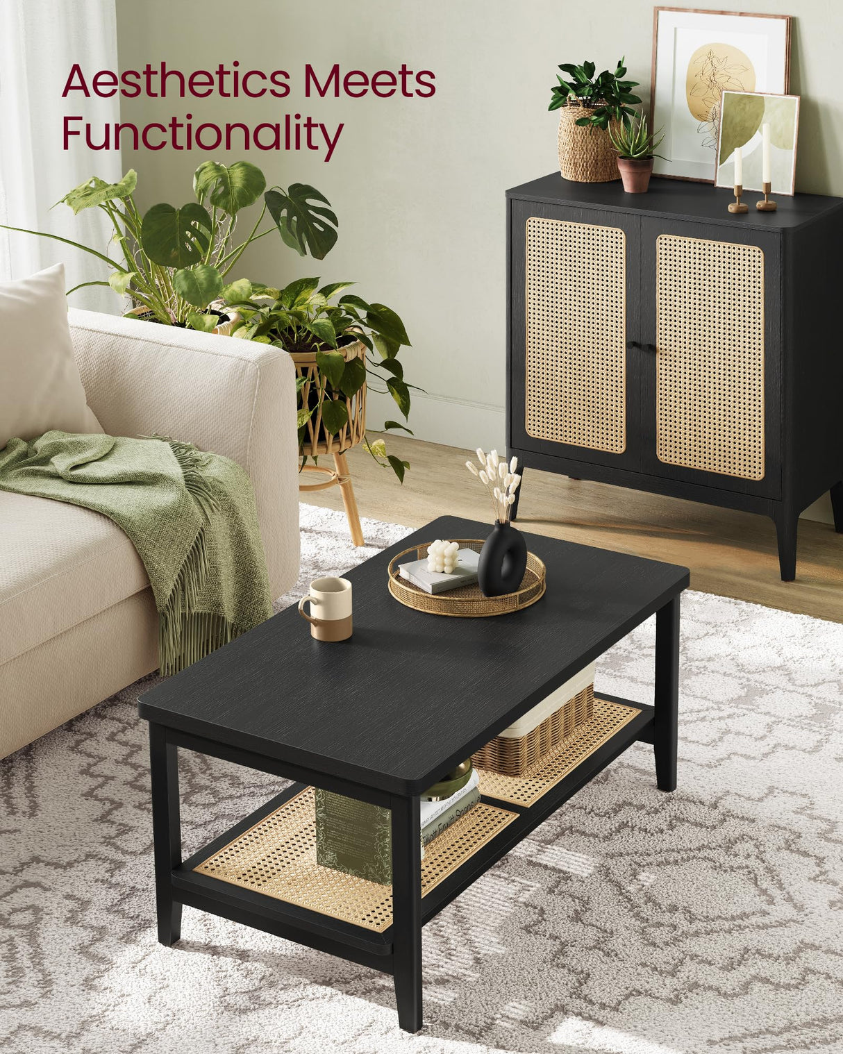 VASAGLE 2-Tier Coffee Table for Living Room, Living Room Table Rectangular Center Table, with PVC Rattan Storage Shelf, Rounded Corners, Easy Assembly, Boho Style, Ash Black ULCT240B21 VASAGLE