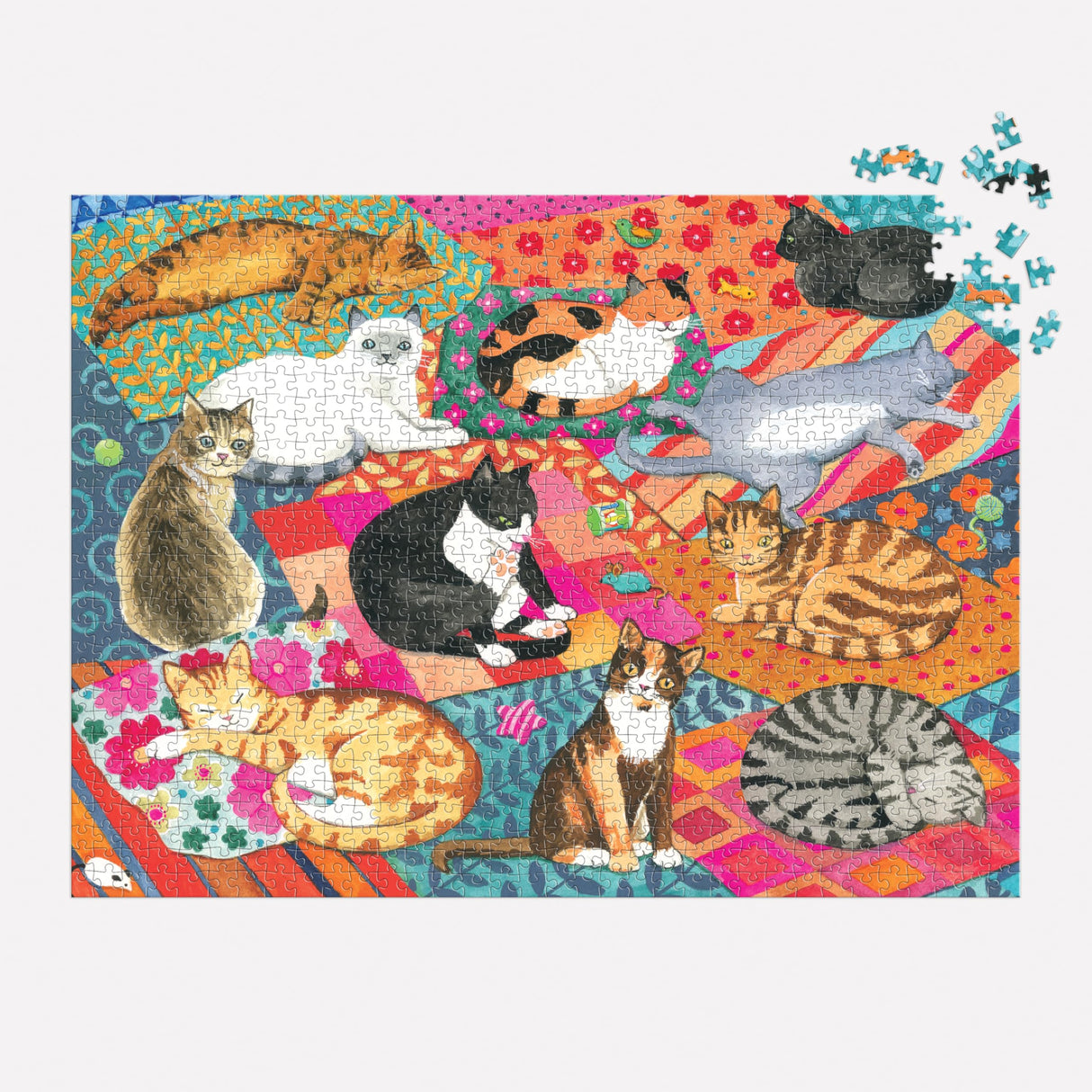 Galison Lounging Cats – 1000 Piece Jigsaw Puzzle Featuring Beautiful Artwork of A Variety of Feline Friends Lounging On Colorful Quilts Galison