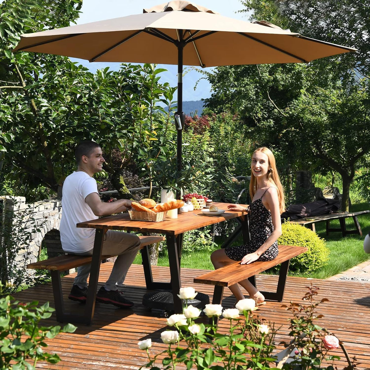 LDAILY Picnic Table, 70’’ x 30’’ Outdoor Wood Dining Table Set with Bench, 2" Umbrella Hole, 1600 LBS Max Load, Metal Frame Picnic Tables for Outdoors 6-8 Persons in Party, Garden, Yard, Patio, Lawn LDAILY