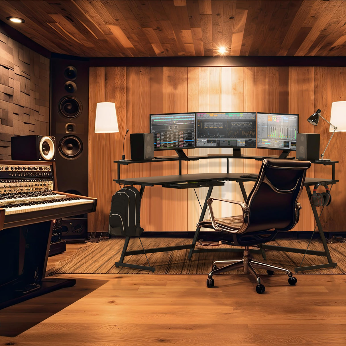 SHW L Shaped Gaming Desk with Full Around Monitor Stand and Drawer, Black SHW