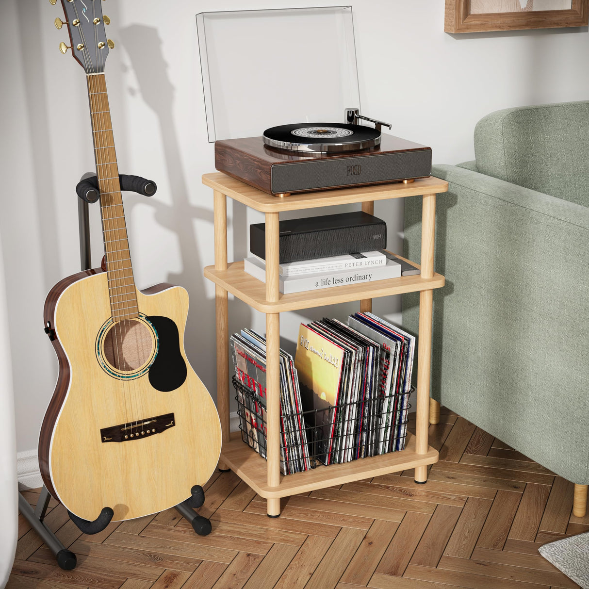 Apicizon 3 Tier End Table, Record Player Stand with Storage Shelf, Wooden Vinyl Record, Nightstand Bedside Table for Small Spaces, Bedroom, Living Room, Easy Assembly, Natural Apicizon