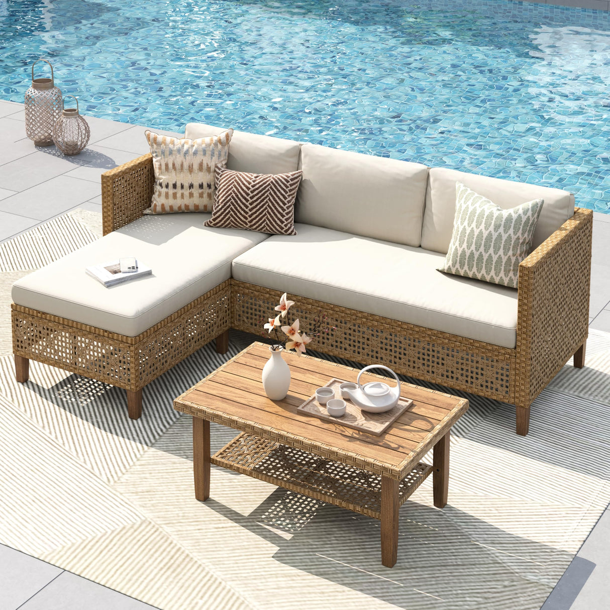 PHI VILLA Wicker Patio Furniture Set, Outdoor L-Shaped Sectional Sofa with Cushions and Acacia Wood Coffee Table, Boho Style for Garden, Deck, or Poolside Lounge,Beige PHI VILLA