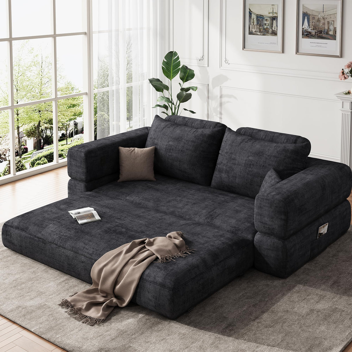 Jocoevol 75'' Queen Folding Convertible Sofa Bed with Large Pillow, 4-in-1 Floor Foldable Futon Sofa Bed, Chenille Boneless Mattress Couch, Floor Sleeper Sofa Chair Bed for Living Room/Bedroom, Black Jocoevol