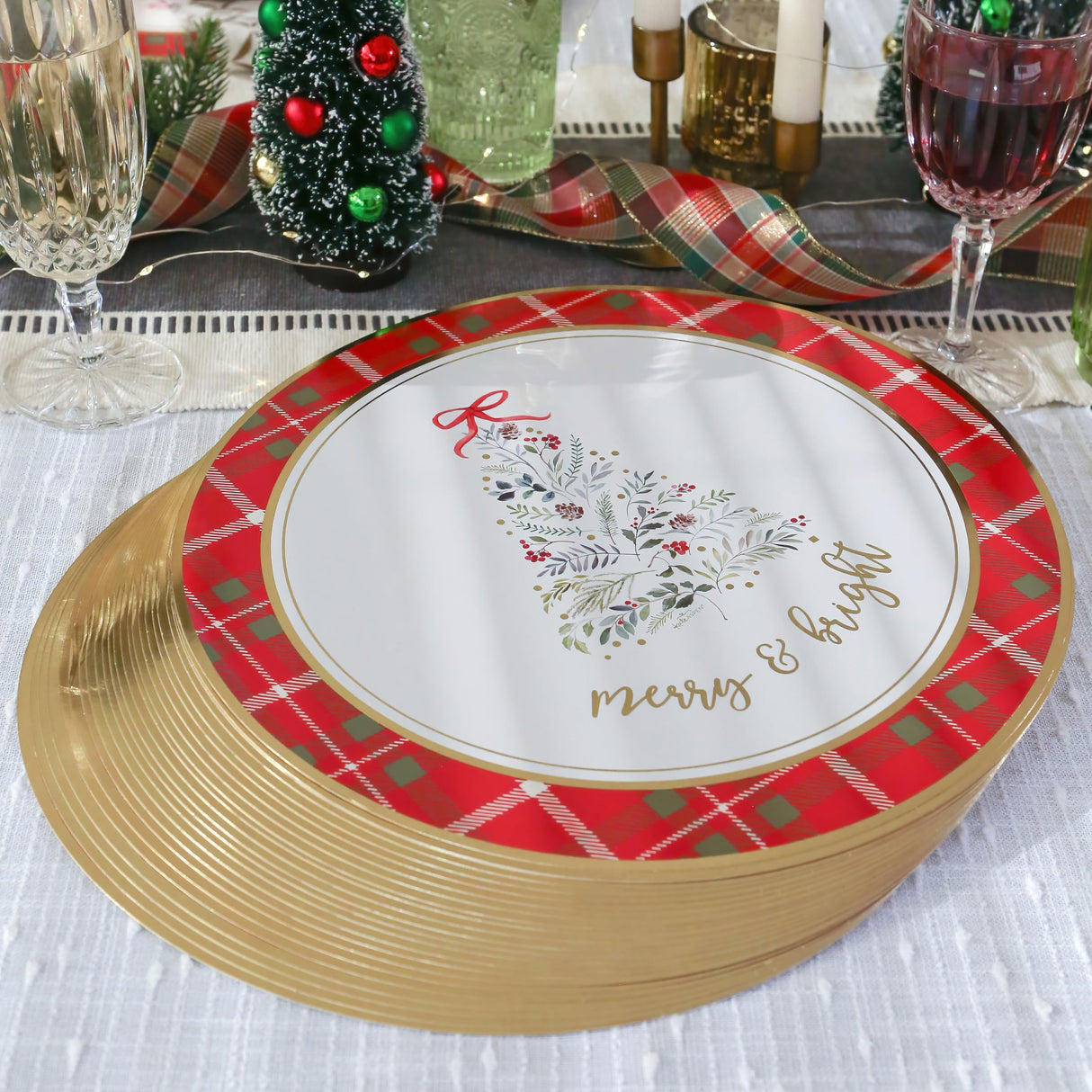 Kate Aspen 13" Disposable Holiday Placemats/Chargers, 24-Pack – Spillproof & Durable Merry & Bright Christmas Tree Design & Festive Red & Green Plaid Border Kate Aspen