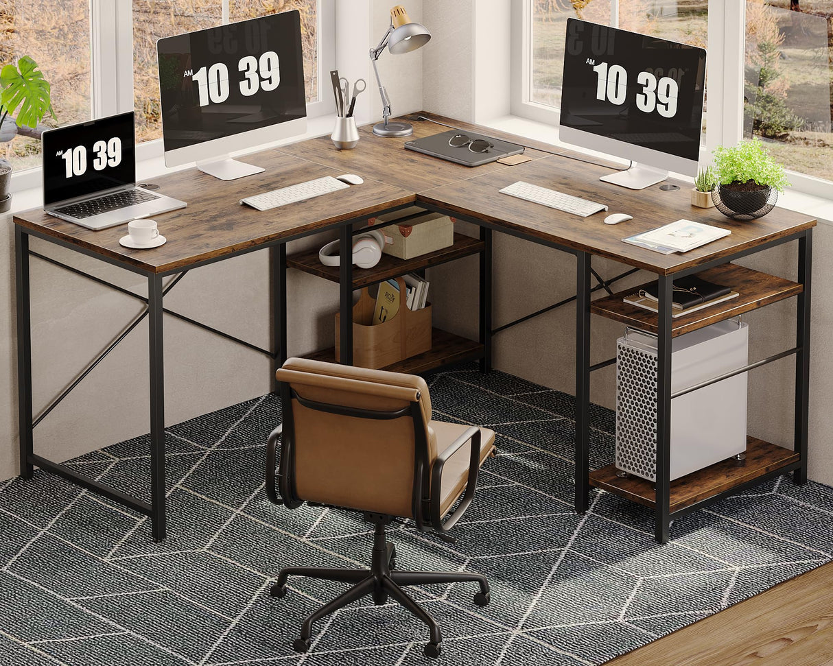 Bestier L Shaped Desk, 95.2 Inch Reversible Corner Computer Desk with Shelves, 2 Person Long Table for Home Office, Large Writing Storage Workstation with 3 Cable Holes, Rustic Brown Bestier
