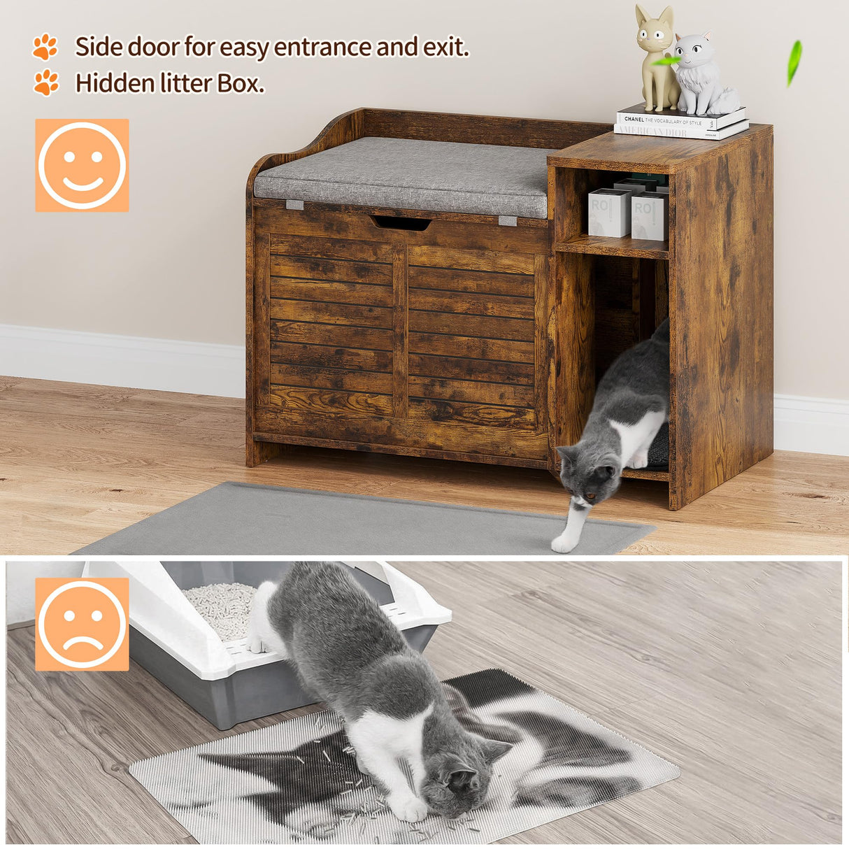 PeakPursuit Cat Litter Box Enclosure, Flip Top Litter Box Furniture with Litter Mat, Wooden Hidden Cat Box with Storage Space, Large Covered Cat Washroom Cat House for Fat Cats, Rustic Brown PeakPursuit