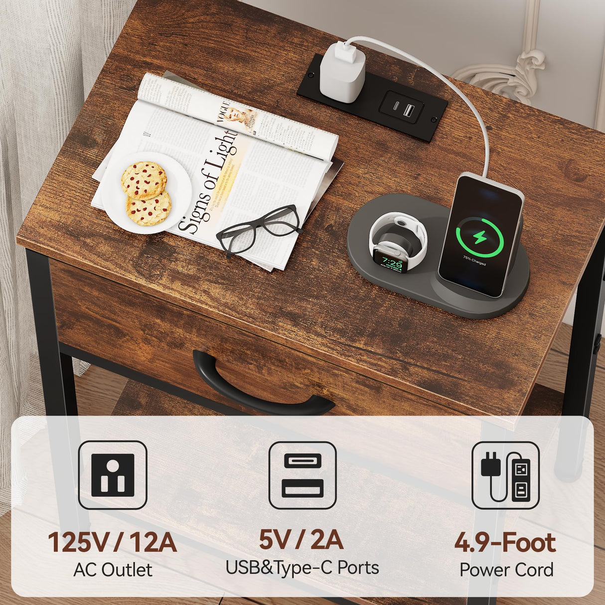 Vagusicc Nightstand with Charging Station, End Table with Fabric Drawer, Small Side Table with 2-Tier Storage Shelves, 25.4" Tall Bedside Table, Night Stand for Bedroom Living Room Dorm, Rustic Brown Vagusicc