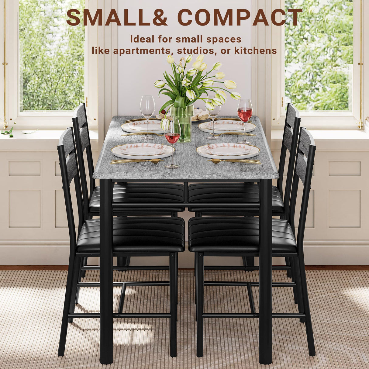 IRONCK Dining Table Set for 4, Wood Kitchen Table with Upholstered Chairs for Kitchen Room and Small Spaces, Grey IRONCK