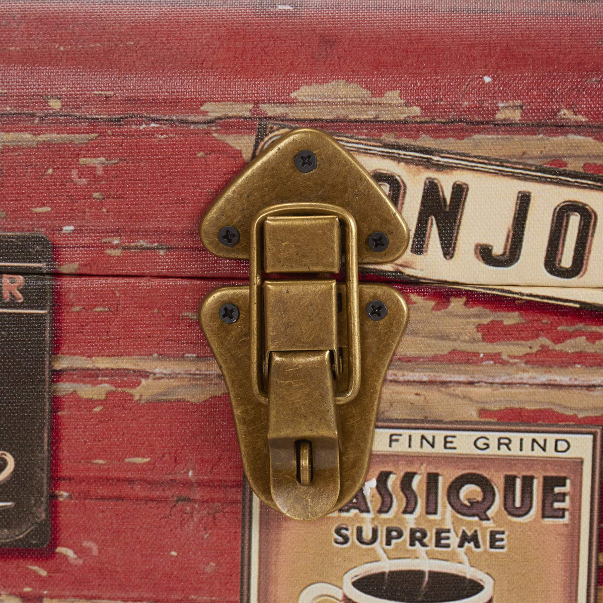 Household Essentials Medium Decorative Trunk, Coffee Shop Faux Decoupage, Antique Exterior, Leather and Metal Accents, Fabric Interior, Hinged Lid, Brown Household Essentials