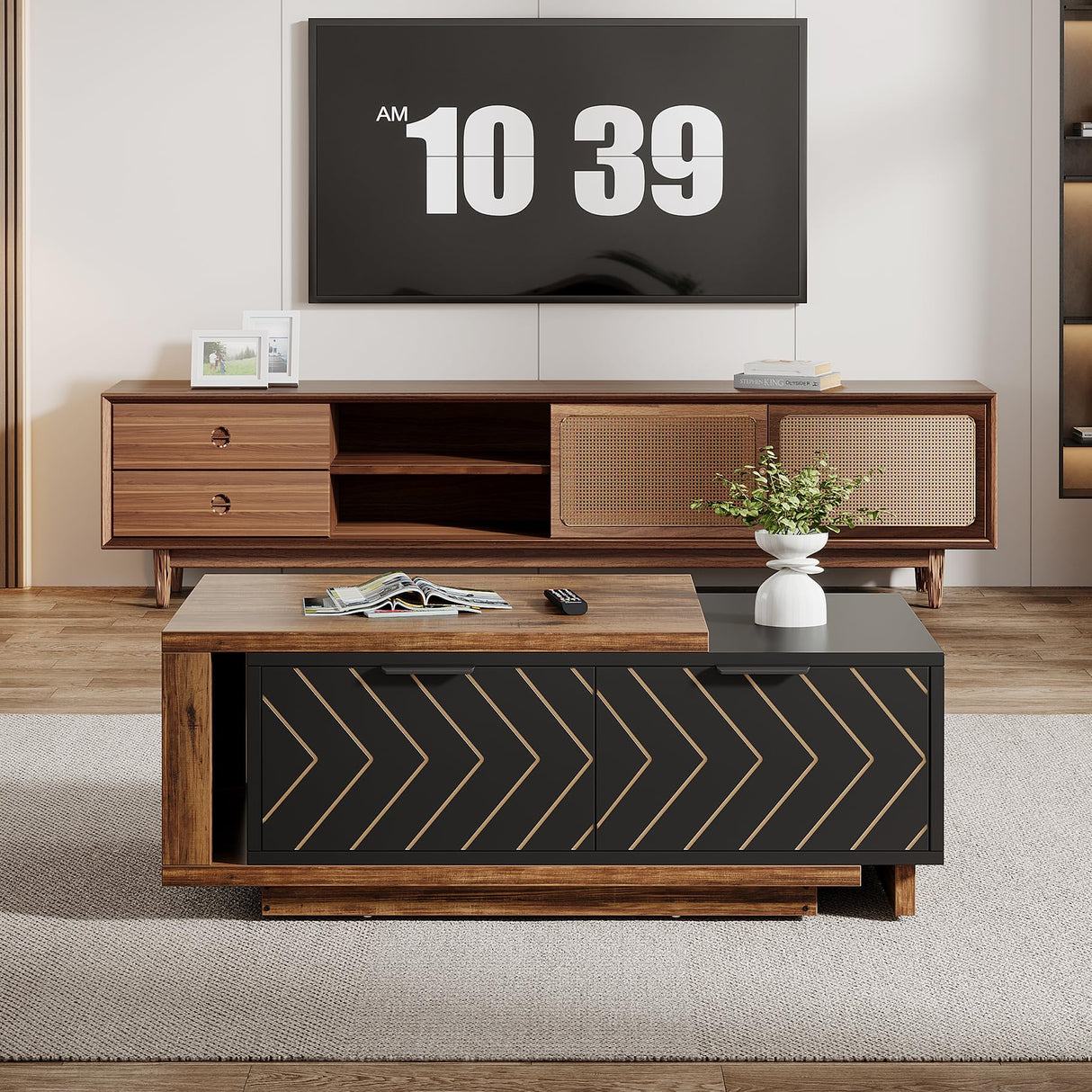 Tribesigns Extendable Coffee Table, 42"-65" Length Adjustable Reversible Wood Coffee Table with 2 Storage Drawers for Living Room, Large Long Rectangular Dual-Tone Center Table (Brown & Black) Tribesigns