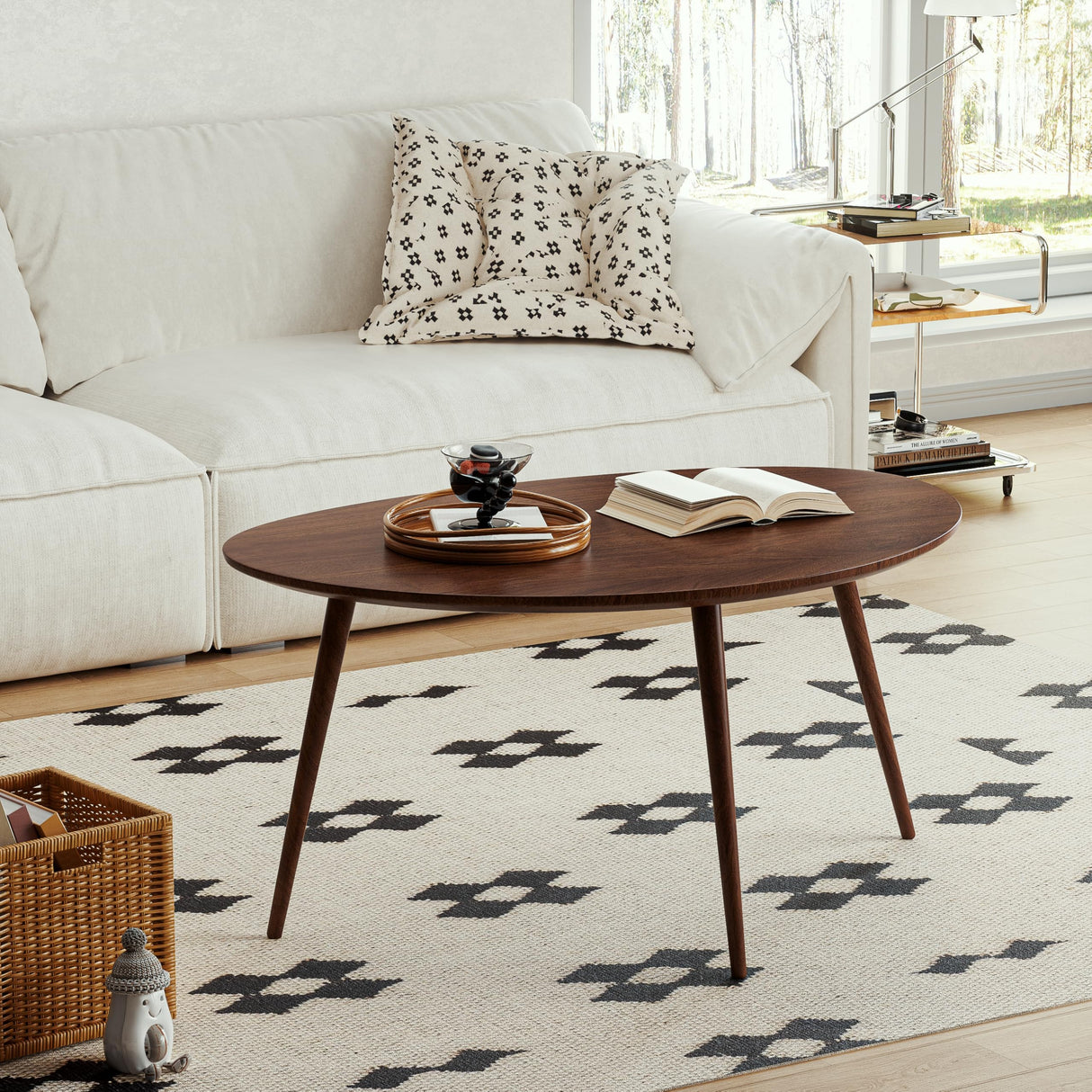 Wayshome Small Oval Coffee Table, Mid Century Modern Coffee Table for Living Room, 100% Solid Oak Wood Side Table End Tables for Home (Walnut Wood Color, 33.46''x22.83''x15.74'') Wayshome