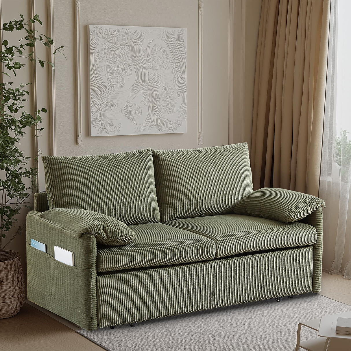 CAPCAEK Queen Size Pull Out Couch Sleeper Sofa Bed, 3-in-1 Convertible Futon Couch for Living Room with Storage Pockets & Arm Pillows, Modern Corduroy Sofa Bed(Green) CAPCAEK