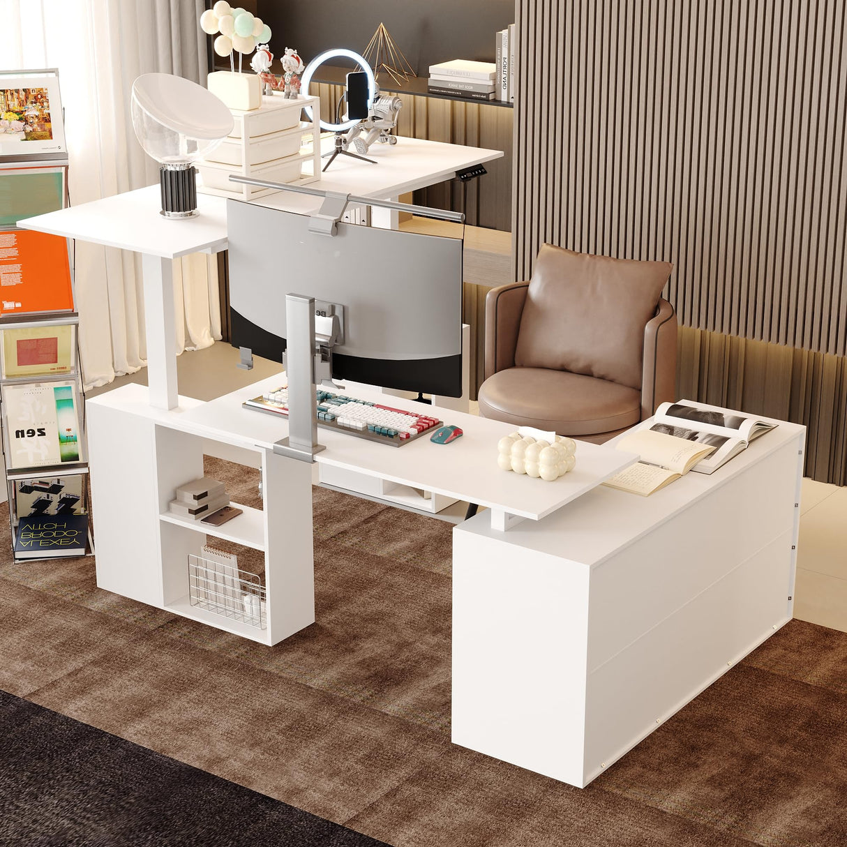 Homsee Electric Height Adjustable Standing Desk with Storage Cabinet, U-Shaped Computer Desk with Drawer & Open Shelves for Home Office, Workstation Desk for Writing Study Work Executive, White Homsee