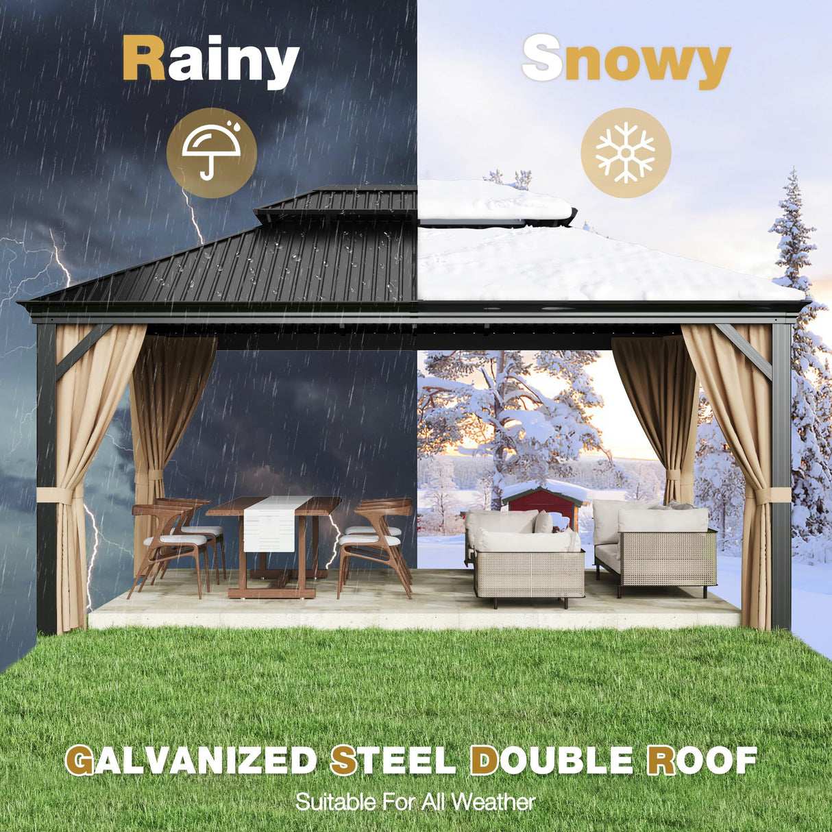 Devoko Outdoor Hardtop Gazebo Galvanized Steel Metal Gazebo Aluminum Frame Double Roof Outdoor Gazebo with Nettings and Curtains for Patios, Garden (12' x16' FT) Devoko