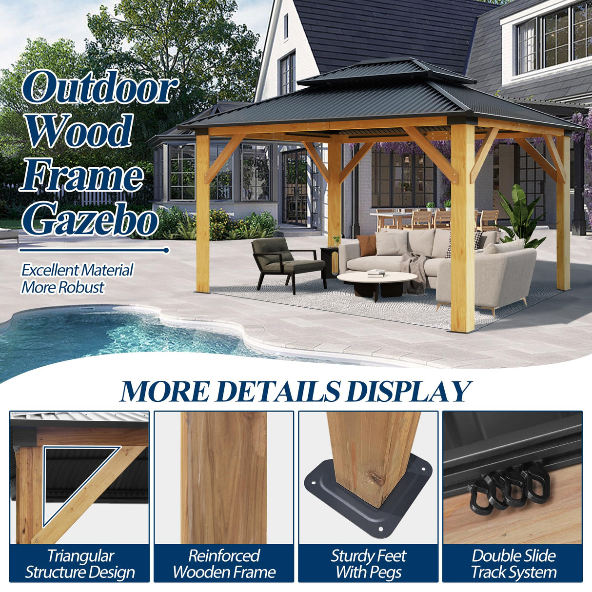 COVERONICS 11FT x 13FT Outdoor Cedar Wooden Gazebo - Patio Wood Frame Gazebo with Galvanized Steel Hardtop, Heavy-Duty Hardtop Gazebo for Garden, Poolside, Deck, Backyard COVERONICS