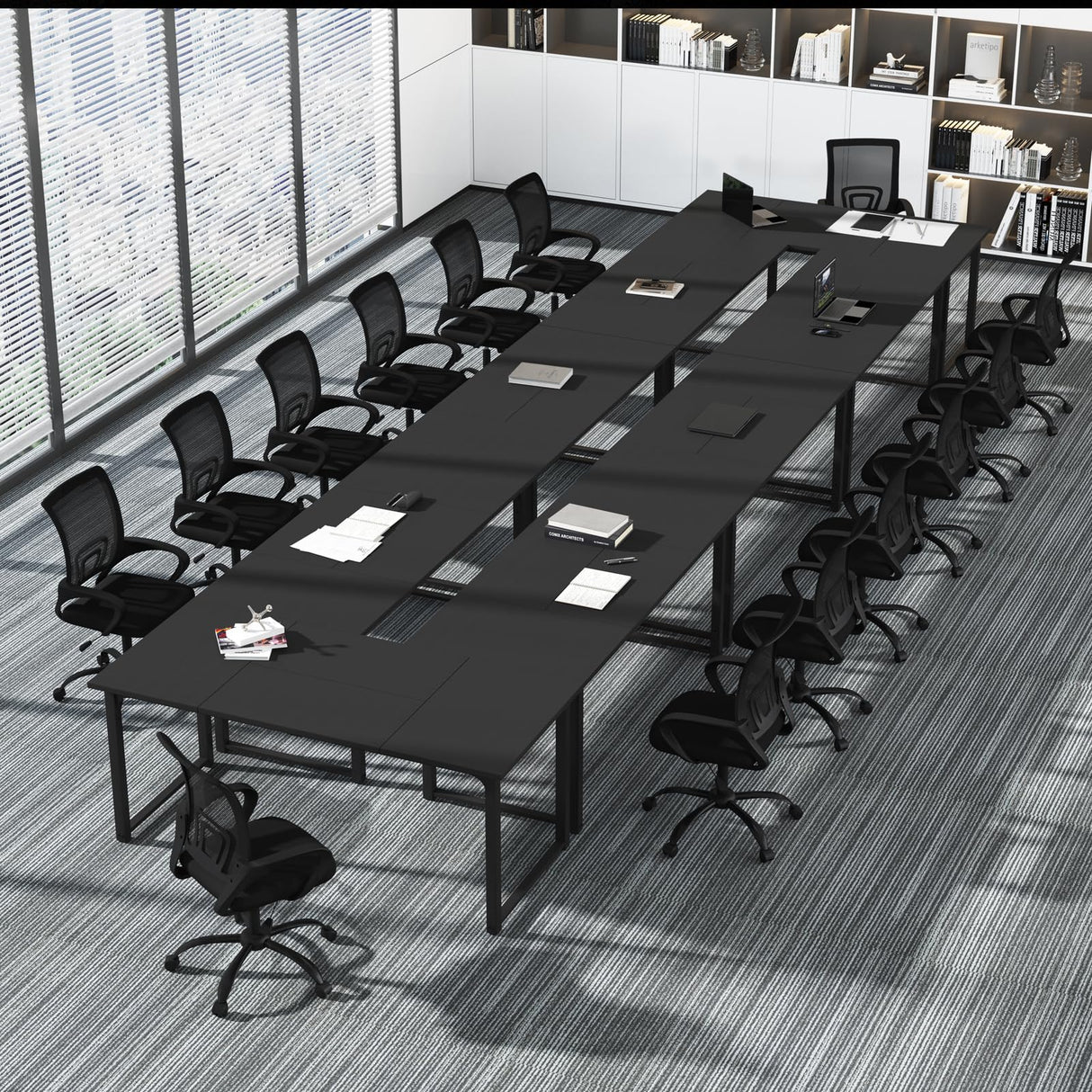 Bonzy Home 12FT Conference Table, Modern Large Meeting Table Office Desks for 16 Person, Long Rectangle Table with Sturdy Metal Frame, 4PCS, 142" D x 64" W x 30" H, Black Bonzy Home