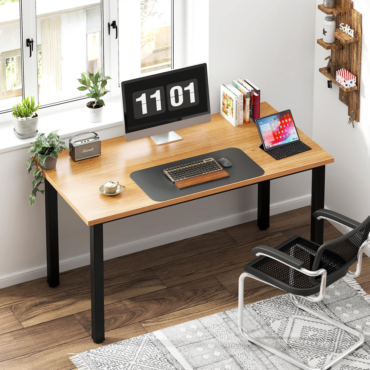 Need Computer Desk, 47 inch Home Office Desk, Modern Simple Style Home Office Gaming Desk, Basic Writing Table for Study Student, Black Metal Frame, Teak Need
