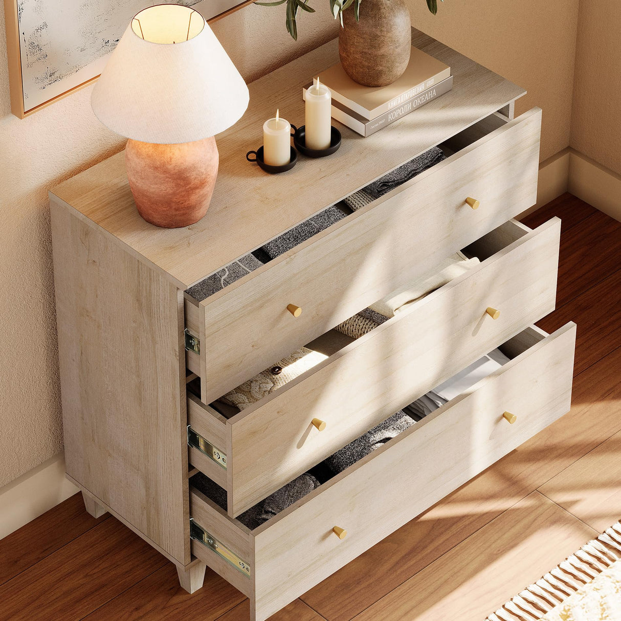 WAMPAT 3-Drawer Kids Dresser for Bedroom, Modern Small Chest of Drawers with Gold Knobs, 35 Inch Wide Light Oak Wood Children Dresser for Baby Room, Nursery, Living Room WAMPAT