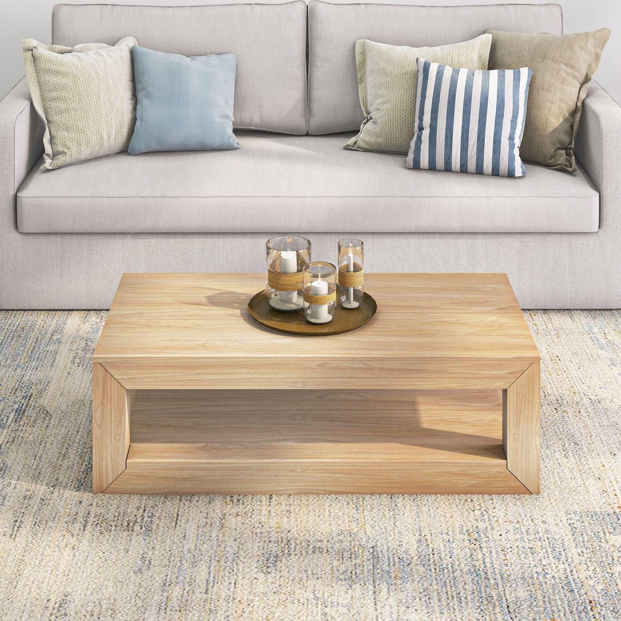 Plank+Beam Modern Rectangular Coffee Table with Shelf, Solid Wood, 48 Inch, Center Table with Storage, 2 Tier Tea Table for Living Room, Blonde Wirebrush Plank+Beam