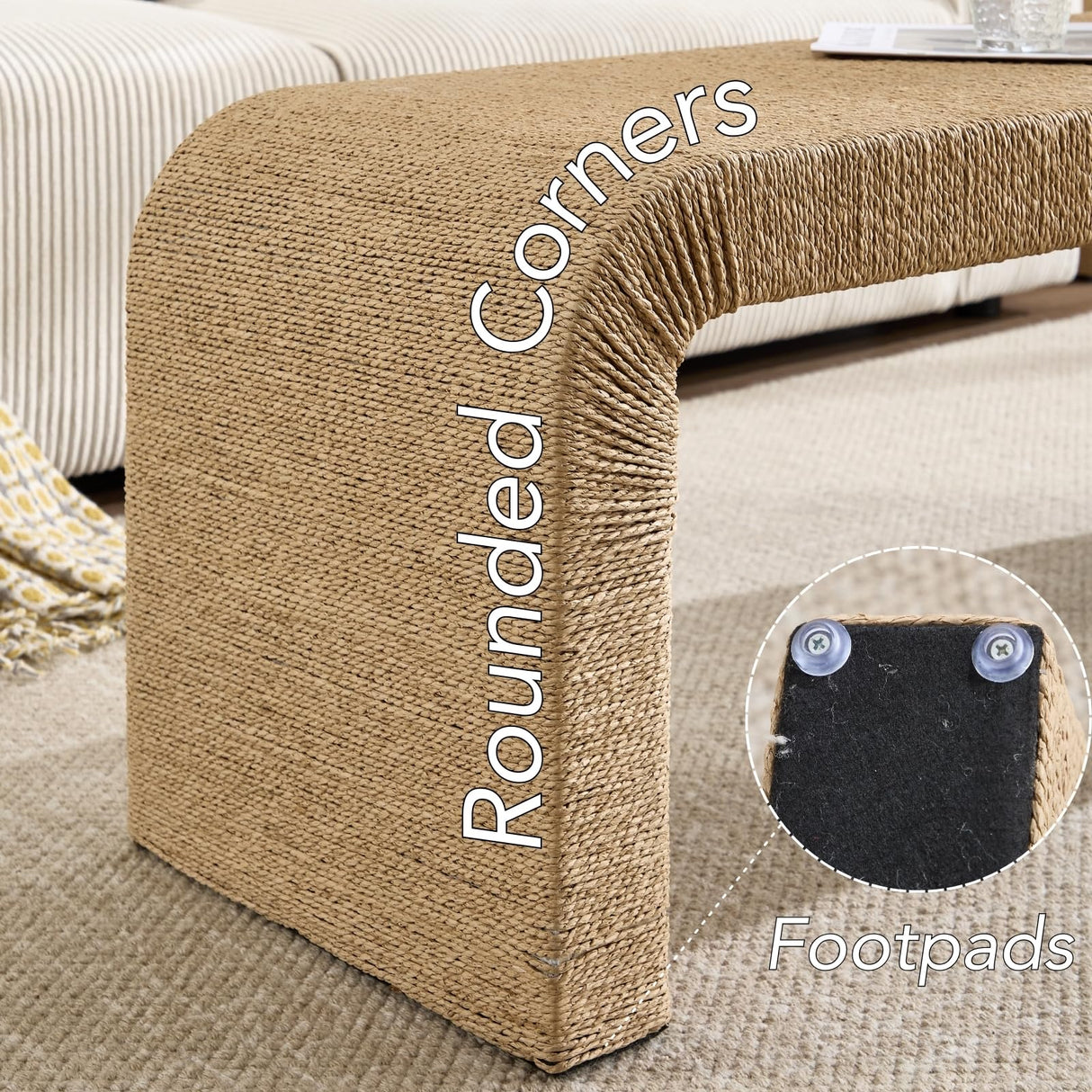 DM Furniture 3-Piece Nesting Woven Rope Coffee Table Set, 47" Modern Farmhouse Waterfall Wood Center Table with 2 Stools Underneath, Boho Coastal Living Room Accent Side End Table, Brown DM Furniture