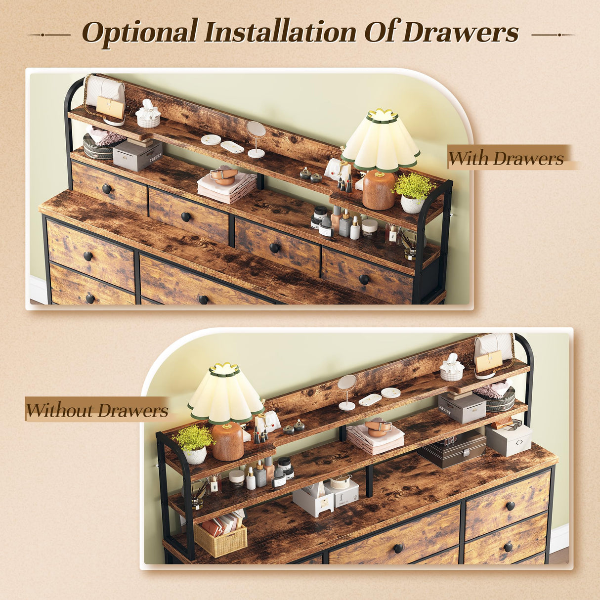 EnHomee 51.2" W Dresser for Bedroom with LED Lights, 13 Drawer Dresser for Bedroom, Long Dressers & Chests of Drawers with Shelves, Large Fabric Dresser for Closet Hallway, Rustic Brown EnHomee