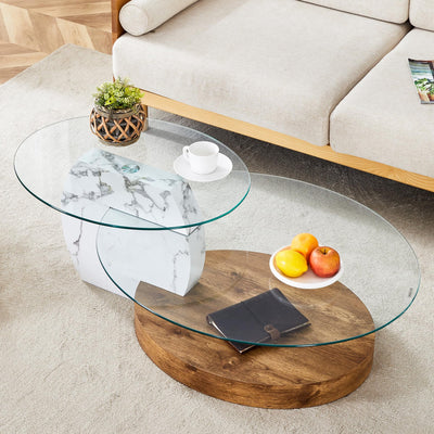 Ebullient Glass Coffee Table, 47" Oval Coffee Table, 2-Tier Glass Tabletop with Wood Base, Easy to Maintain and Assemble, Ideal for Dining Room, Living Room
