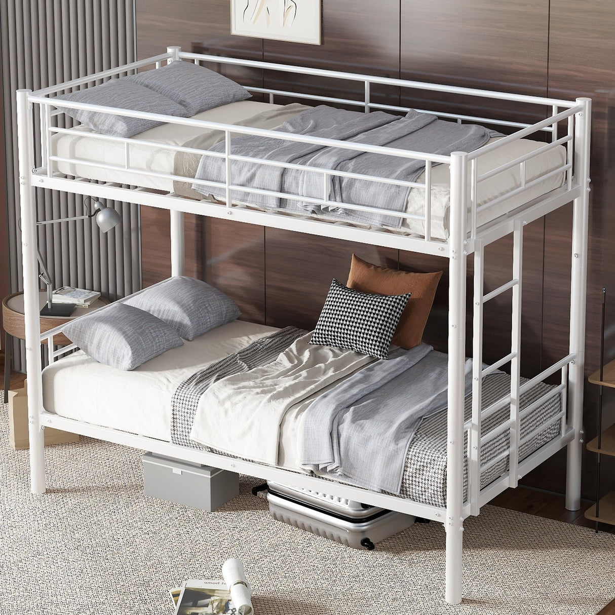 Bellemave Bunk Bed Twin Over Twin, Twin Bunk Beds with High Guardrail and Build in Ladder, Kids Bunk Beds with Slats, No Box Spring Needed, White Bellemave