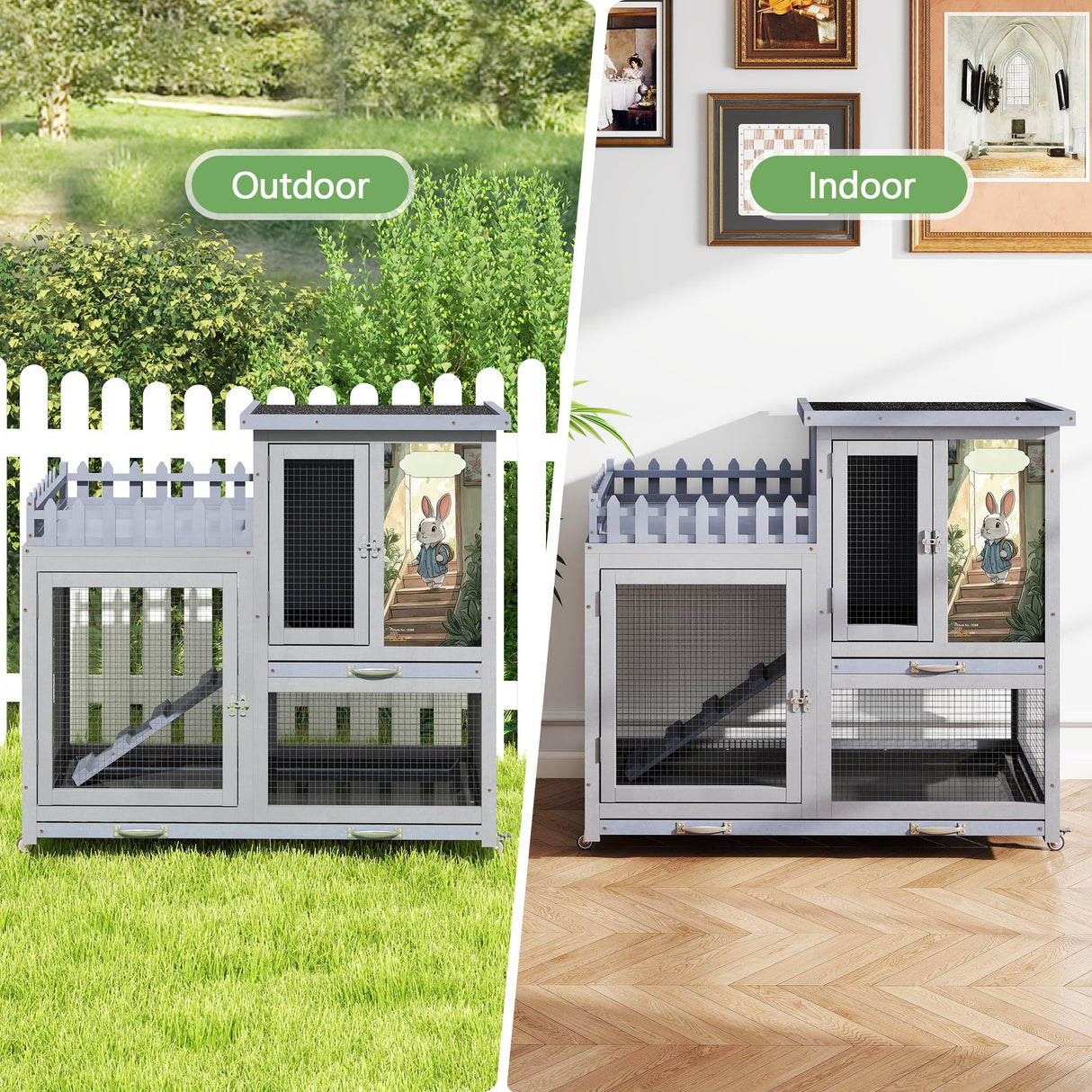 cozivvovv Wood Rabbit Hutch with Balcony - Small Animal House Bunny Cage on Wheels for Indoor Outdoor, Rabbit Cage Included Ramp, Pull Out Tray, (Grey with Pattern) COZIVVOVV