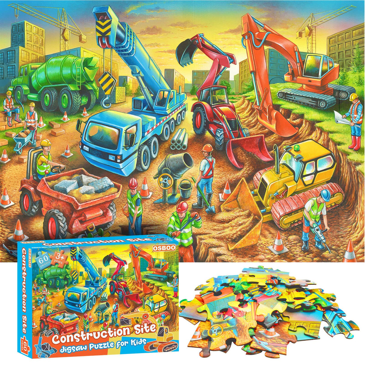 Jigsaw Puzzles for Kids Ages 3-5, 4-8, 6-8 Boys Girls - 60 Piece Construction Site - Large Piece Children Floor Jigsaw Puzzles - Science Educational Toys for 3 4 5 6 7 8 Years Old OSBOO