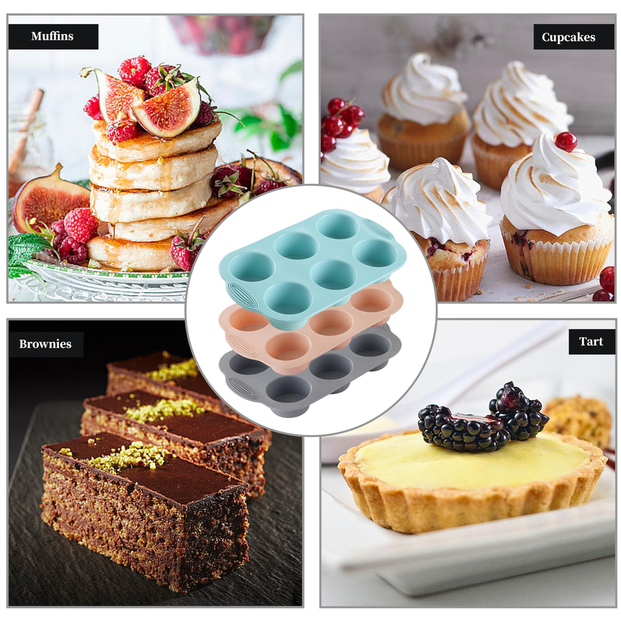 XZZWLL Silicone Muffin Pan, Food Grade Silicone Cupcake Molds for Baking Muffins and Cupcakes, 6-Cup Nonstick Cupcake Pan, Easy Cleaning and BPA-Free (Gray, Orange, Blue) XZZWLL