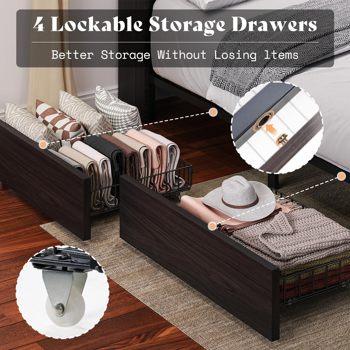 AMERLIFE Twin Bed Frame with 51.2" Tall Bookcase Headboard, Farmhouse Platform Bed with 4 Storage Drawers, Linen Upholstered, Charging Station & Storage, Rustic Black AMERLIFE