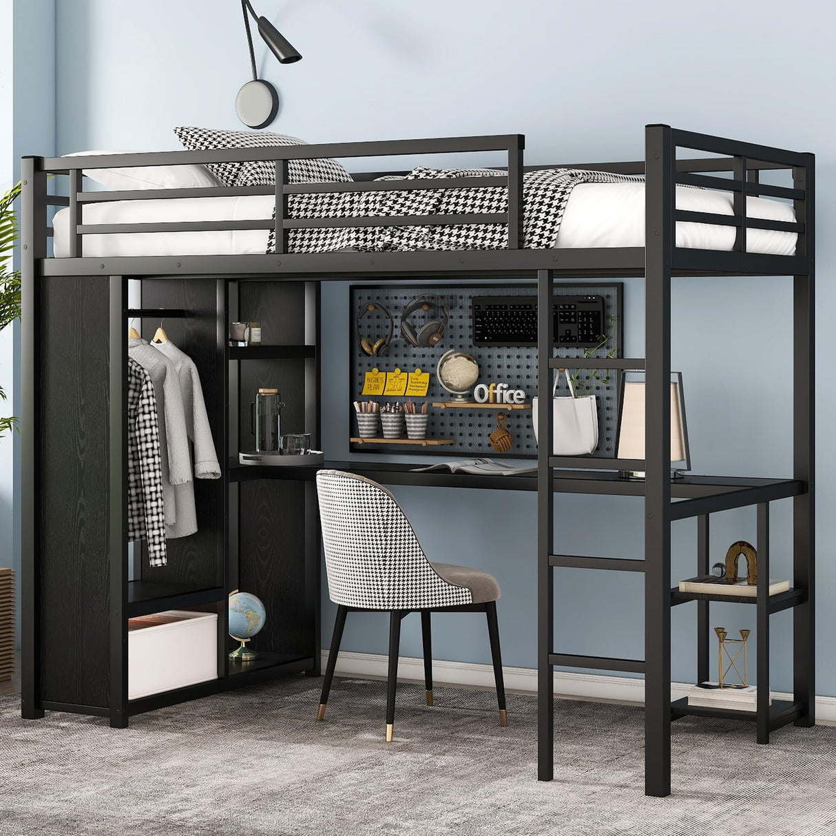Twin XL Loft Bed with Desk and Storage Shelves, Twin XL Loft Bed with Wardrobe, Hanging Rod and Guardrail and Ladder, Balck Bellemave