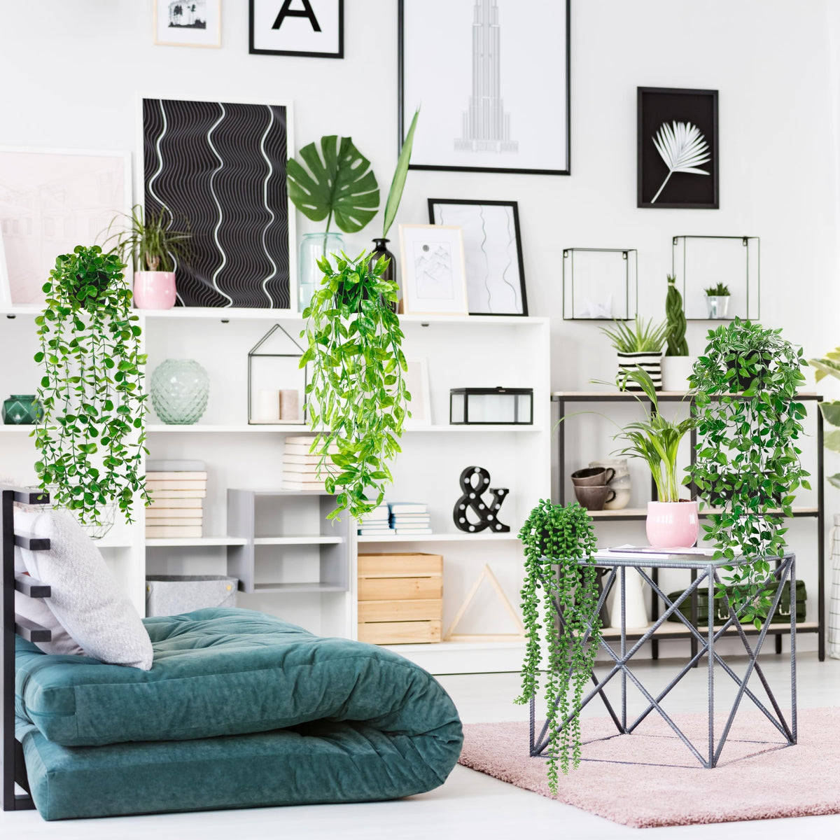 Artificial Hanging Plants for Shelf, 4 Pack Fake Potted Greenery Faux Eucalyptus Vine, Mandala Vine, String of Pearls,Pea pod Leaves in Pot for Office Living Room Bathroom Indoor Outdoor Décor Palonu