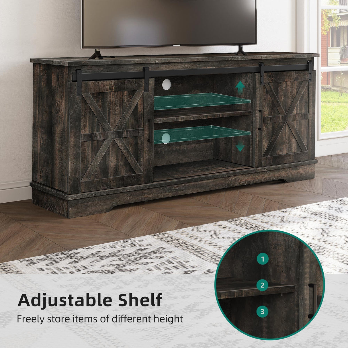 YITAHOME Farmhouse TV Stand for 65 Inch Television Stand, Entertainment Center with Storage Cabinets and Sliding Barn Doors, Rustic Media TV Console Table for Living Room, Dark Rustic Oak YITAHOME