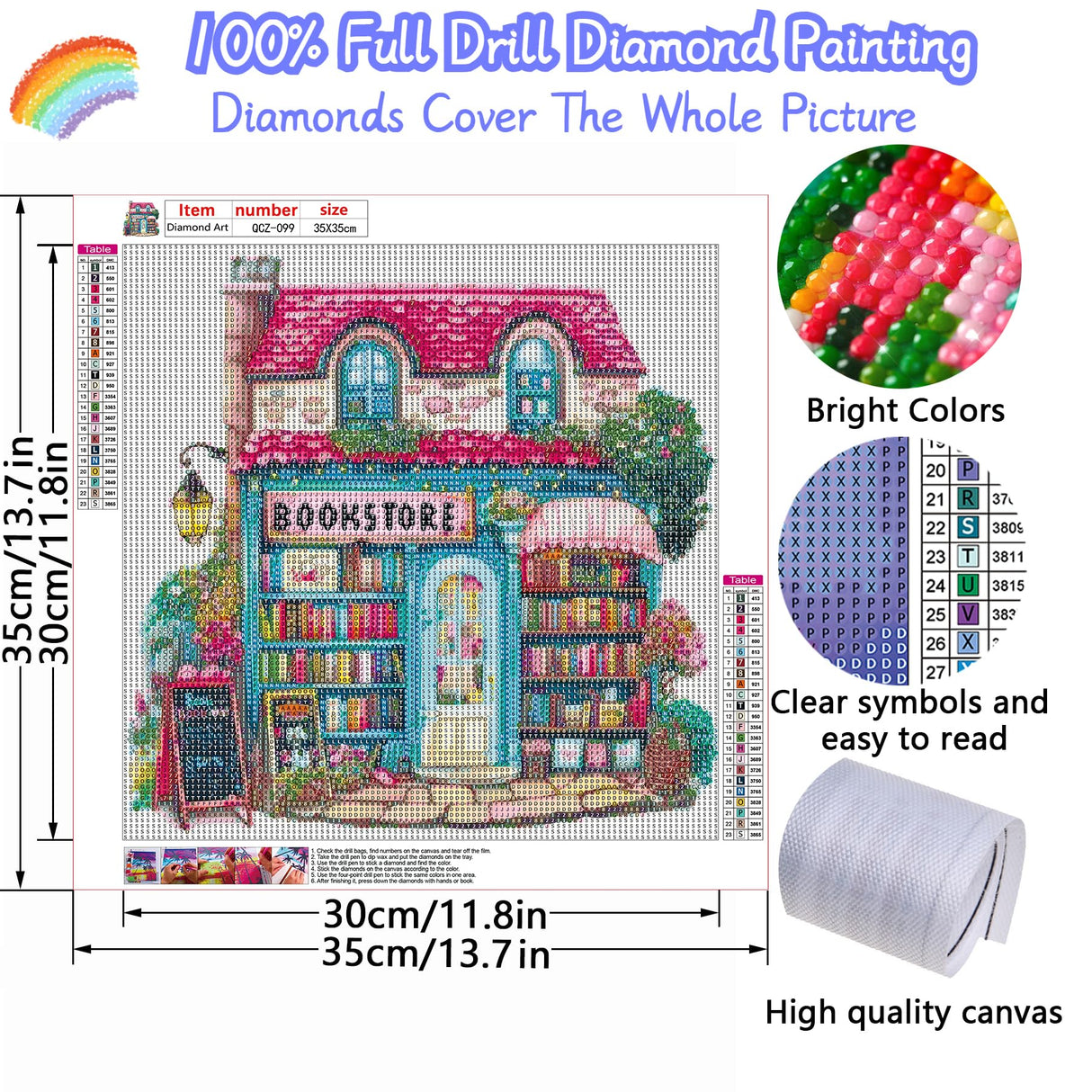 Pink Bookstore Diamond Painting Kits for Adults, 5D Diamond Art Painting by Numbers Kits, DIY Diamond Dots Art Kits, Full Round Drill Diamond Paintings for Adults for Home Wall Decor, 13.8x13.8 in GUMITOON