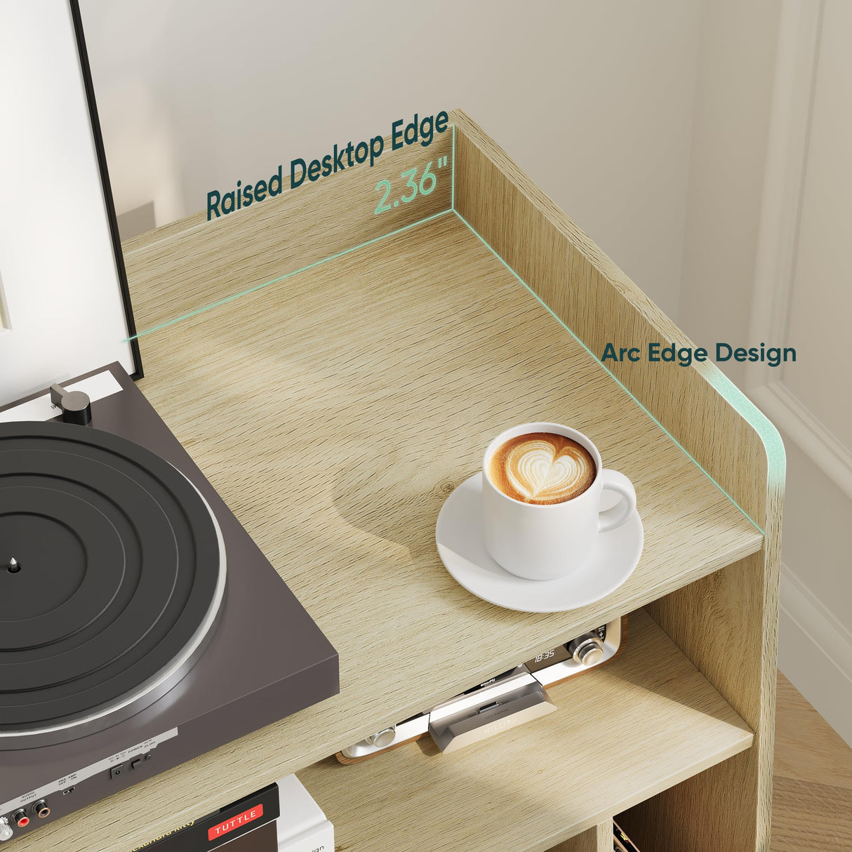 Semiocthome Record Player Stand with Vinyl Storage, Record Player Table with Storage Shelf, Turntable Stand with Rattan Cabinet Door, Side Table with Solid Wood Legs for Turntables for Living Room Semiocthome