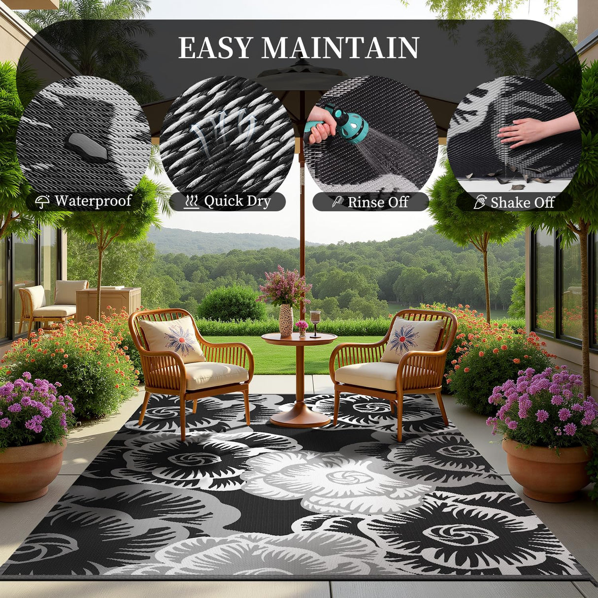 MontVoo Outdoor Rug-Waterproof Patio Rug Mat 5x8 ft Outdoor Carpet Mat Reversible Plastic Straw Outside Outdoor Rug for RV Camping Picnic Beach Balcony Backyard Pool Deck Porch Farmhouse Floral Black MontVoo