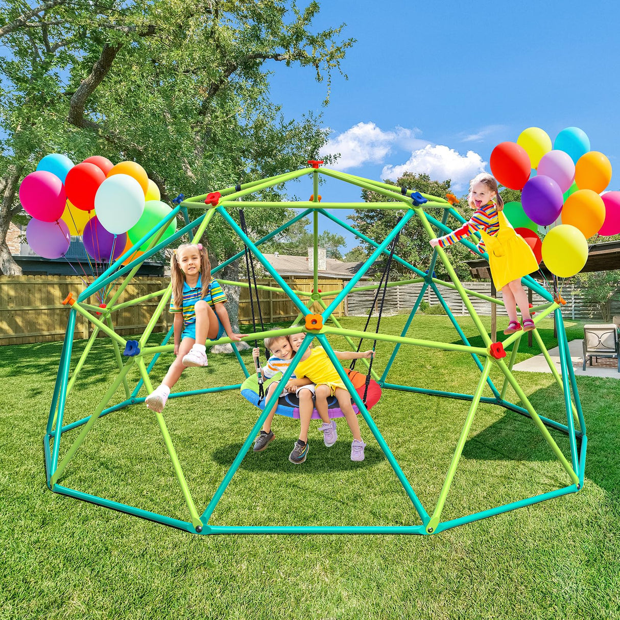 Hapfan 10 ft Climbing Dome Swing Set with Saucer Swing, Jungle Gym for Kids Outdoor Backyard, Supports 800lbs, Easy Asssembly, Rust-Resistant Outdoor Playset for Ages 3-8 8-12 Hapfan