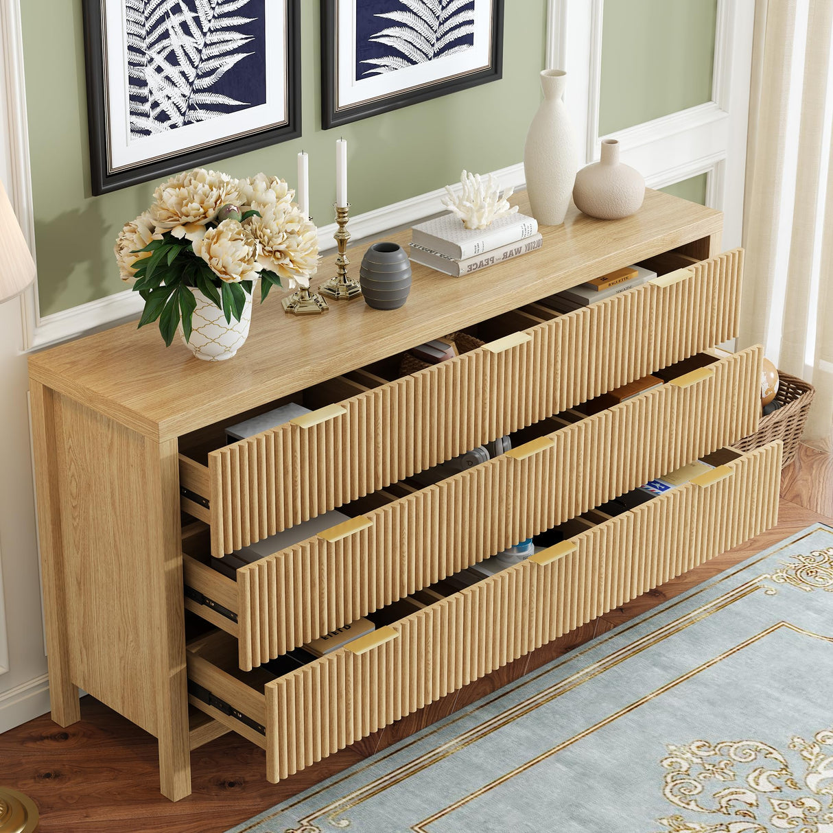 JZXSHD 9 Drawers, Modern Large Chest Mid Century Modern Dresser TV Stand, Storage Organizer Dresser with Solid Natural Wood Legs for Bedroom, Living Room, Hallway, Natural Oak JZXSHD