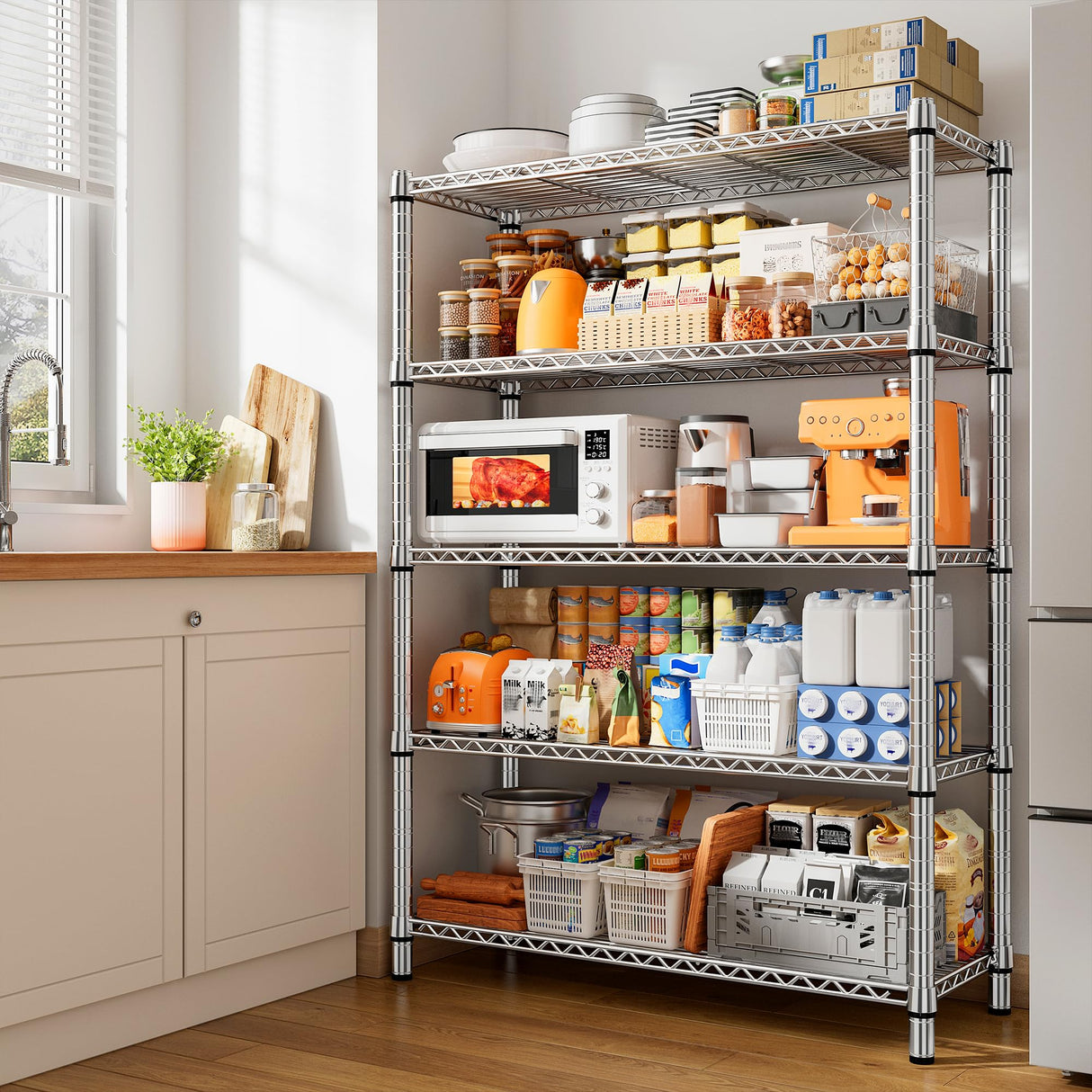 REIBII 5 Tier Wire Shelving,Storage Shelves Metal Shelves for Storage Loads 1200LBS,Adjustable Garage Shelving Heavy Duty Metal Shelving Storage Rack for Pantry Kitchen,71''HX35.5''WX14''D,Chrome REIBII