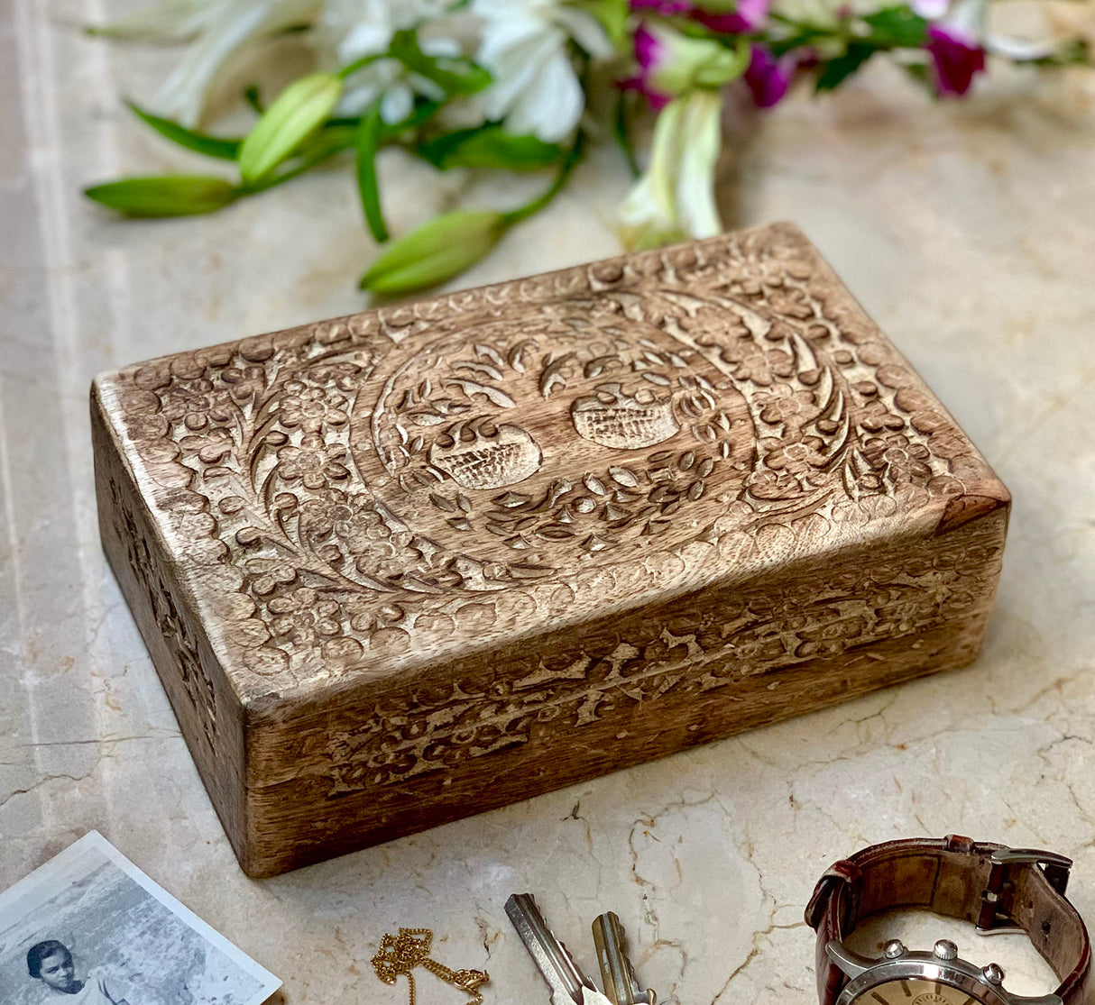 Great Birthday Gifts Handmade Decorative Wooden Jewelry Box Tree Of Life Carving Jewelry Organizer Keepsake Box Treasure Chest Trinket Holder Watch Box Storage Lock Box Housewarming Gift (Brown) The Great Indian Bazaar