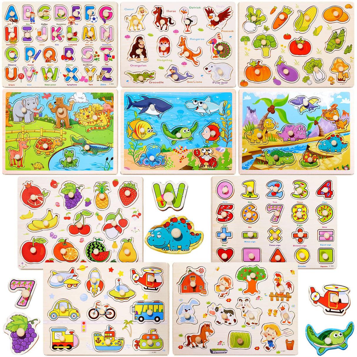 10 Pack Wooden Peg Puzzles for Toddlers Toddler Puzzle Jigsaw Learning Puzzles for Kids Wood Knob Puzzle with Alphabet Number Animal Vehicle Shape Chivao