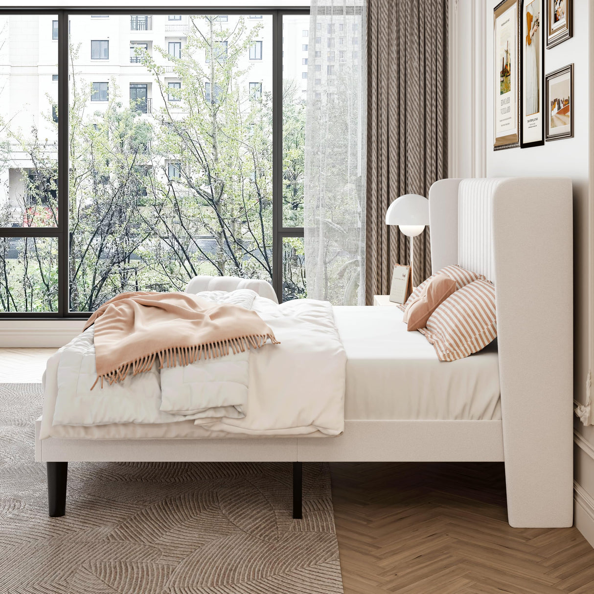 SHA CERLIN Queen Size Velvet Bed Frame with Vertical Channel Tufted Wingback Headboard, Upholstered Platform Bed with Wood Slats, No Box Spring Needed, Easy Assembly, White SHA CERLIN